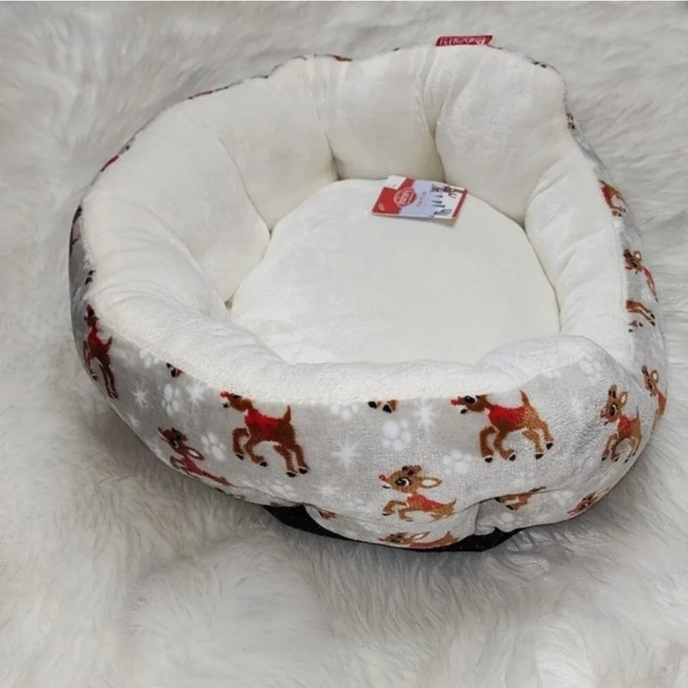 Offical Rudolph The Red Nosed Reindeer Pet Cat Dog Bed NWT Grey White Brown Red